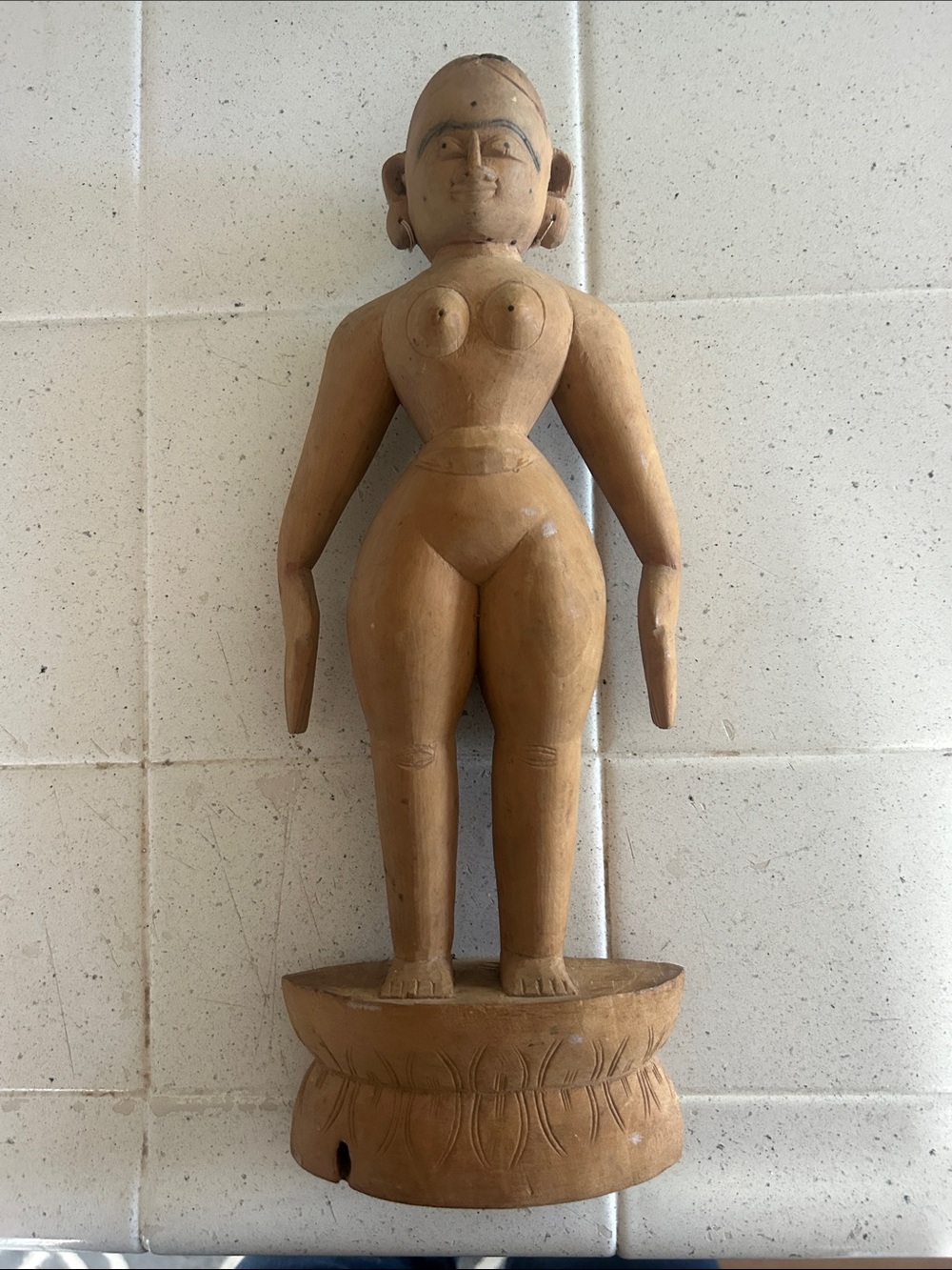 Carved Wooden Female Figurine - Natural Wood Tone